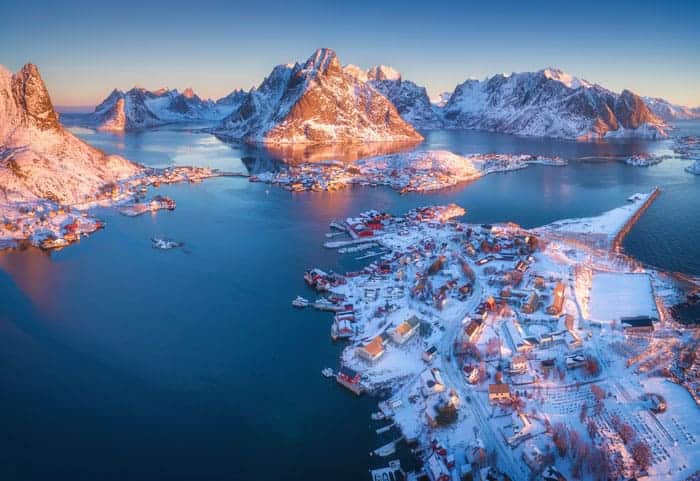 aerial view of reine at sunrise in winter in S9ACL35 1