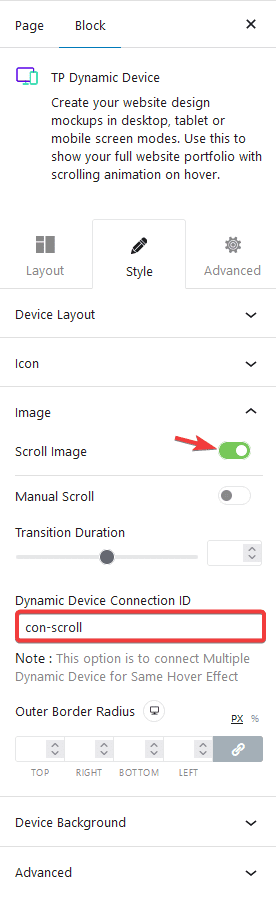 dynamic device scroll image connection id