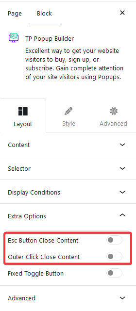 popup builder extra options disabled