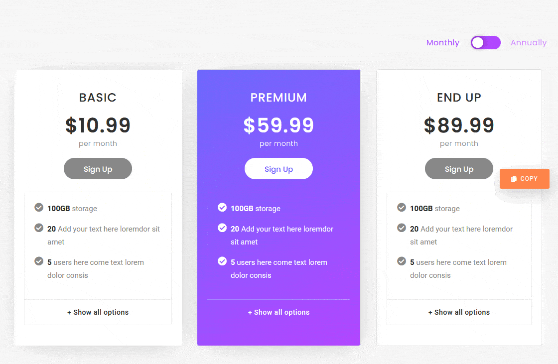 toggle pricing table preview