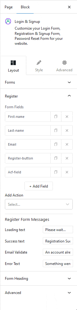 login signup register actions