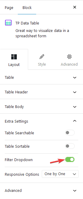 data table filter dropdown