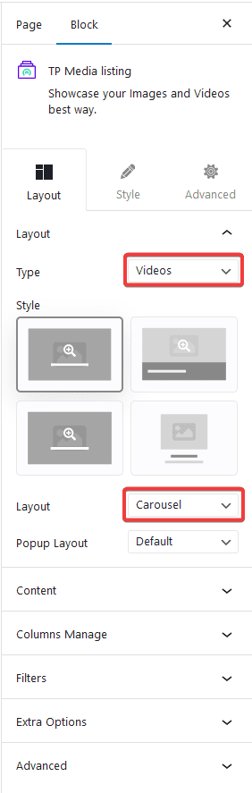 media listing video carousel layout