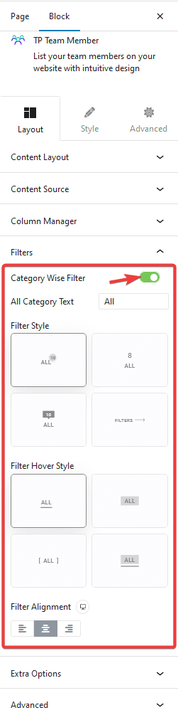team member category filter
