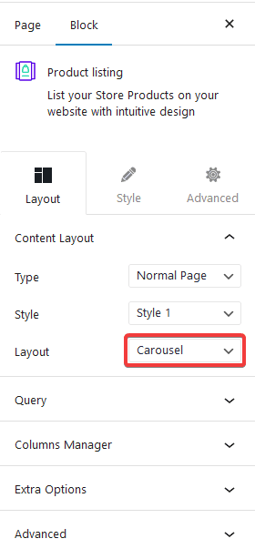 product listing carousel layout
