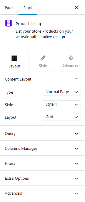 product listing content layout