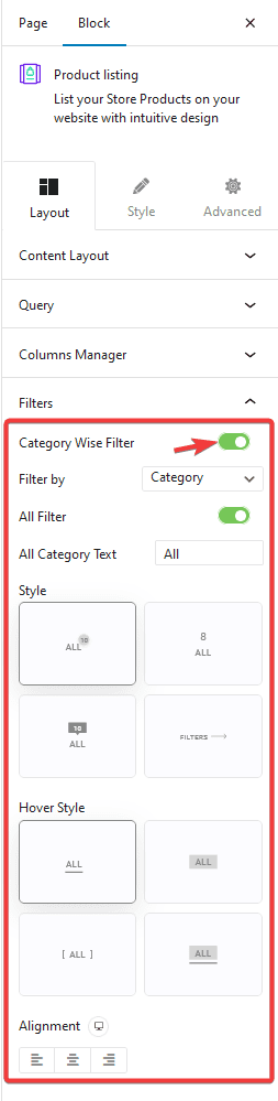 product listing filters