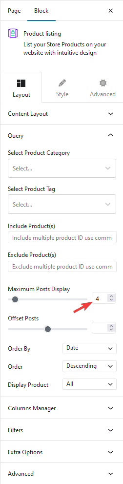 product listing maximum posts display